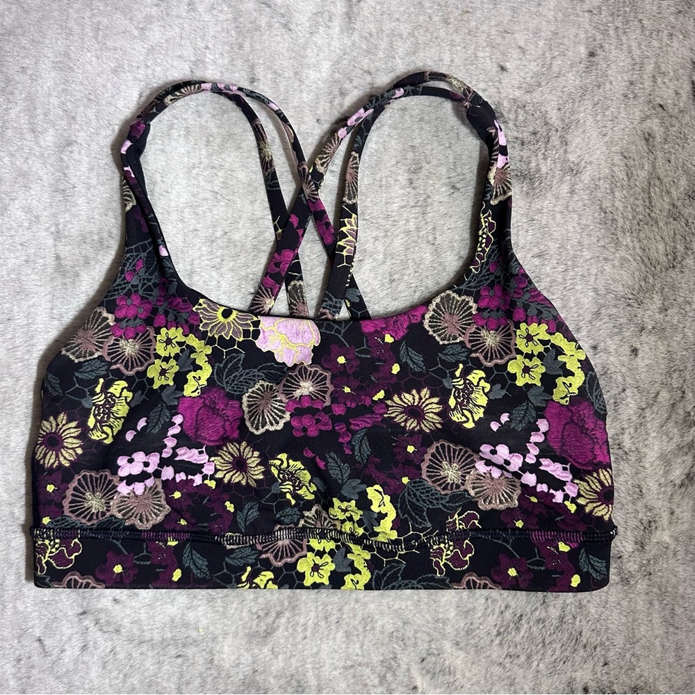 Lululemon Energy Bra Fluorolace Multi, Size 6, Dark Floral, Strappy, Athleisure